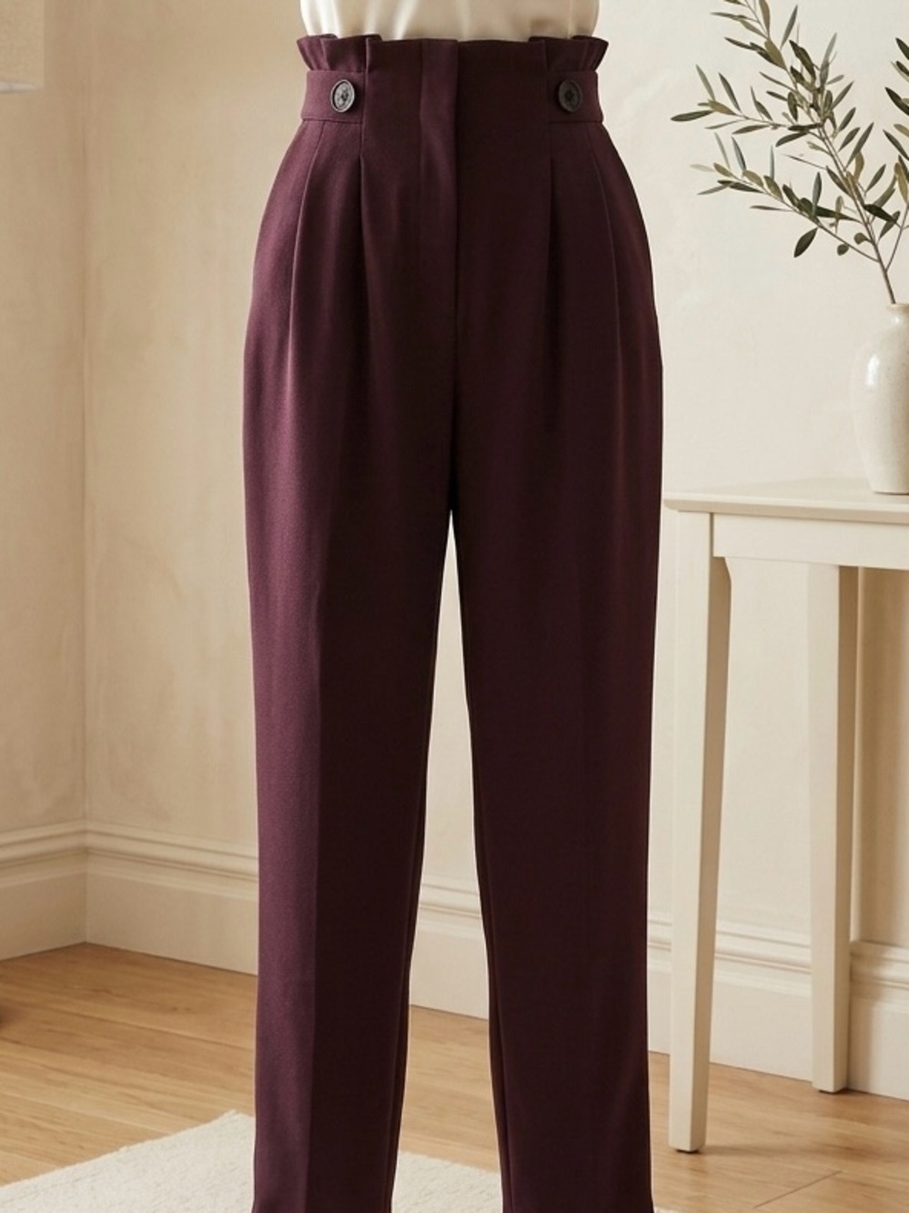 H&M| Deep Chocolate Brown High-Waist Pleated Trousers w/Button Details Sz 4